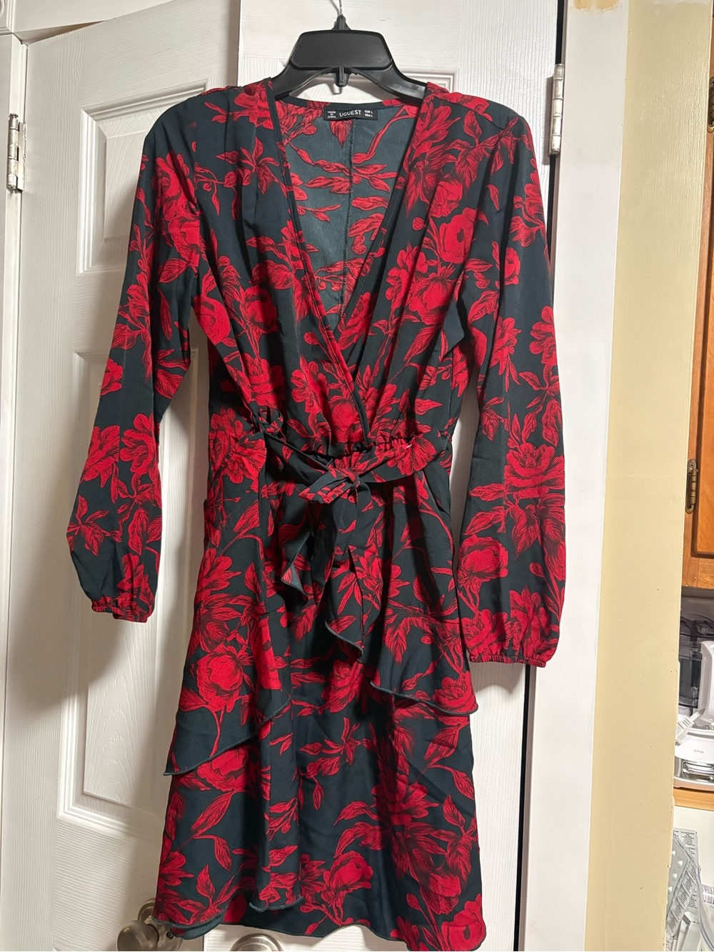 Uguest Red Floral Faux Wrap Waist Mini Dress